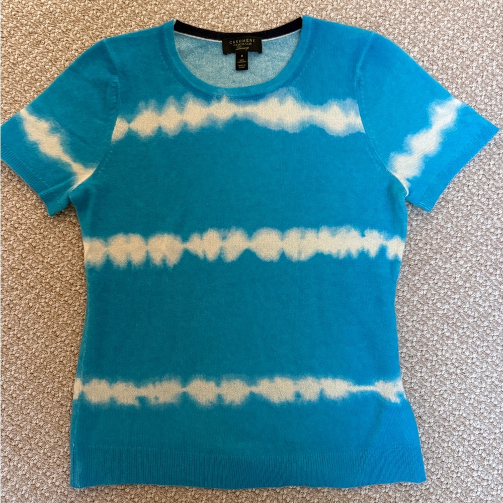 Cashmere Turquoise & White Sweater Tie-Dye Short Sleeve Crewneck Top